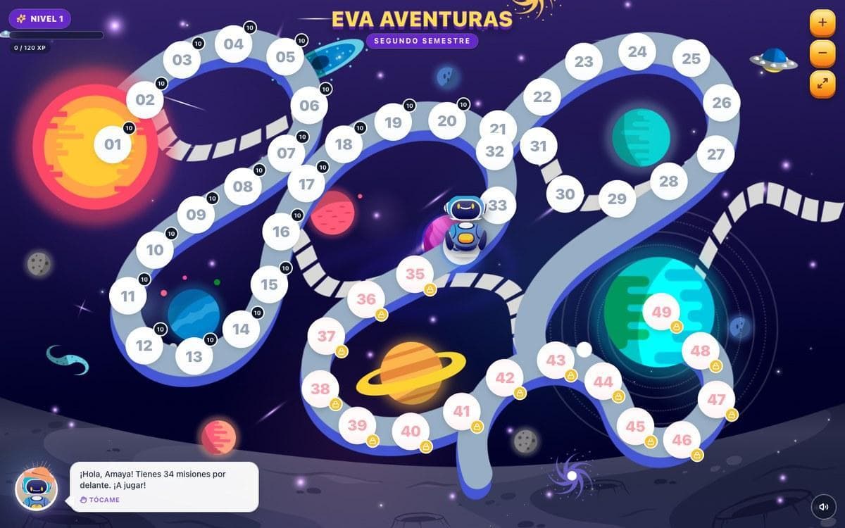 EVA Aventuras student learning map with sequenced missions and progress levels
